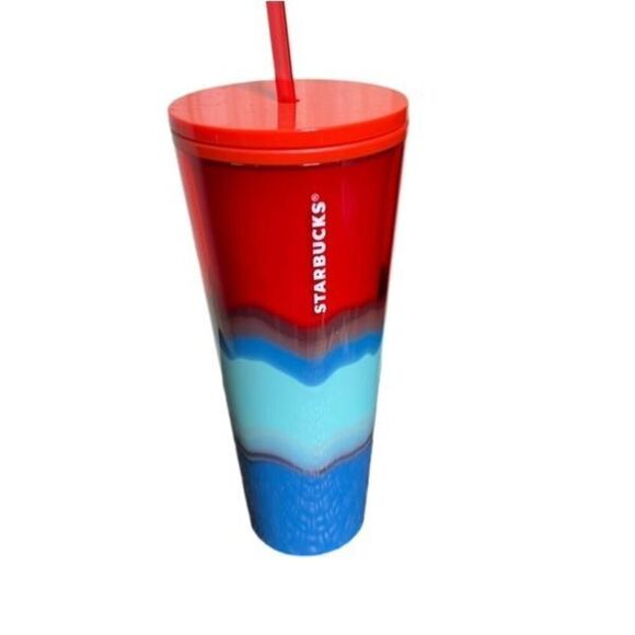 Starbucks 2021 NWT Venti Trio Summer Wave Watercolor Tumbler with Lid and Straw - Picture 1 of 3